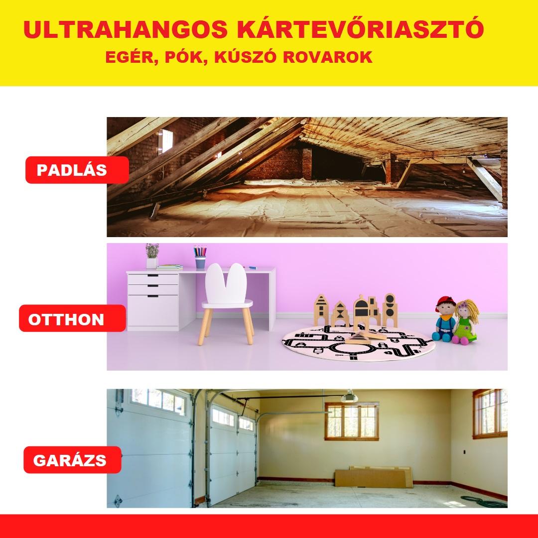 Ultrahangos riasztó, egér, pók, bolha, kullancs, beltéri - 90 m² területre