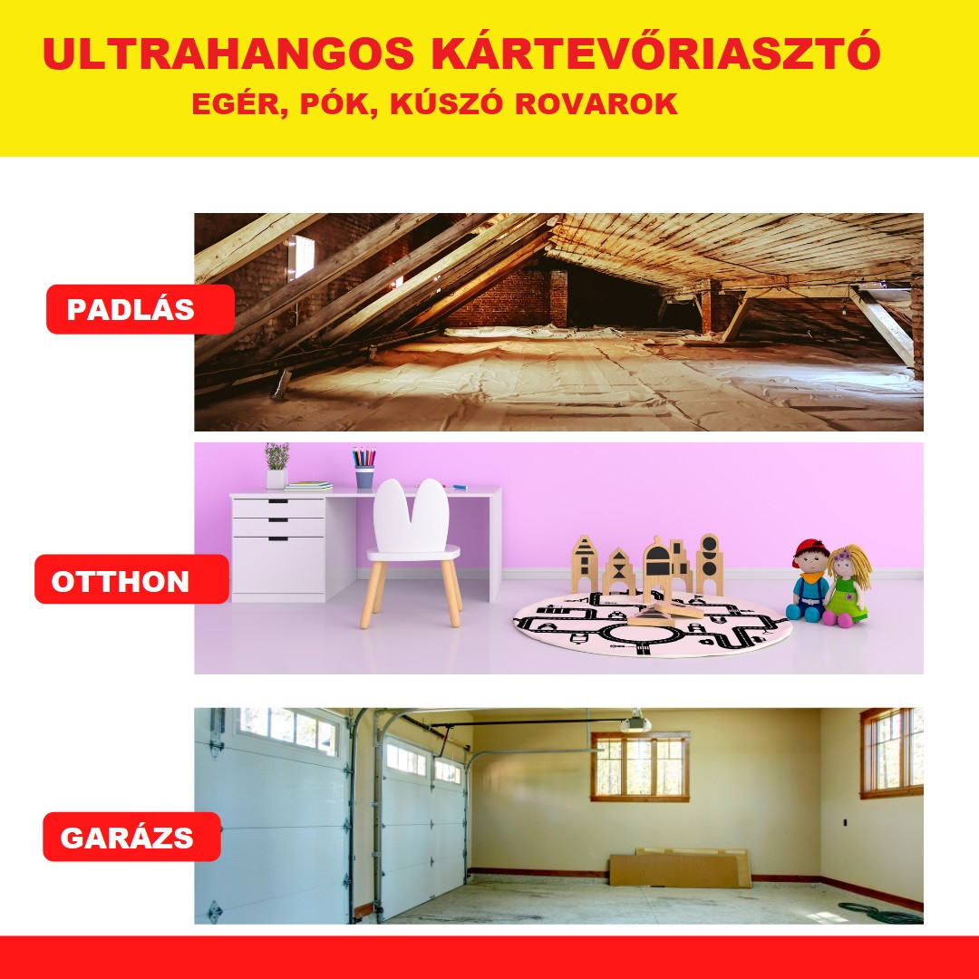 Ultrahangos riasztó, egér, pók, bolha, kullancs, beltéri - 90 m² területre