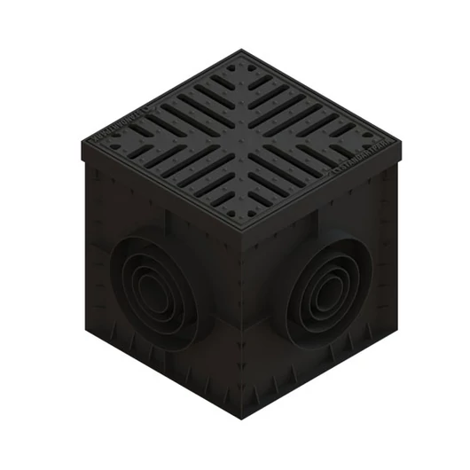 PP BASE akna, négyzet 300×300 mm öntöttvas ráccsal, szifonnal és lombfogó kosárral - sunikft.hu