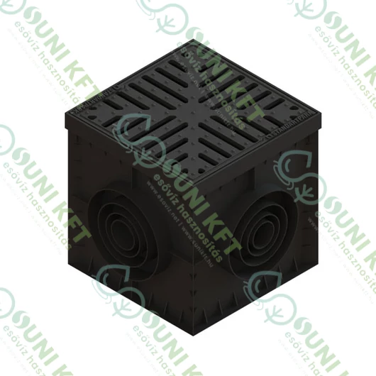 PP BASE akna, négyzet 300×300 mm öntöttvas ráccsal, szifonnal és lombfogó kosárral - sunikft.hu